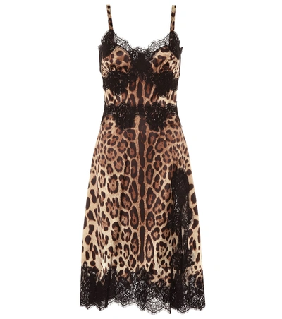 Dolce & Gabbana Lace-trimmed Leopard-print Silk-blend Satin Midi Dress In Brown