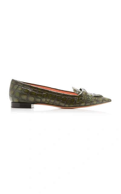 Rochas Croc-effect Glossed-leather Flats In Green