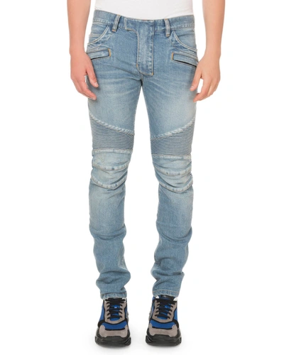 Balmain Men's Tapered Bleach Biker Denim Jeans In Blue