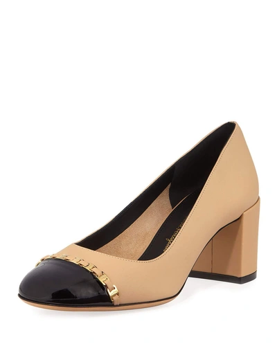 Ferragamo Avella Patent-trim Leather Pumps In Beige