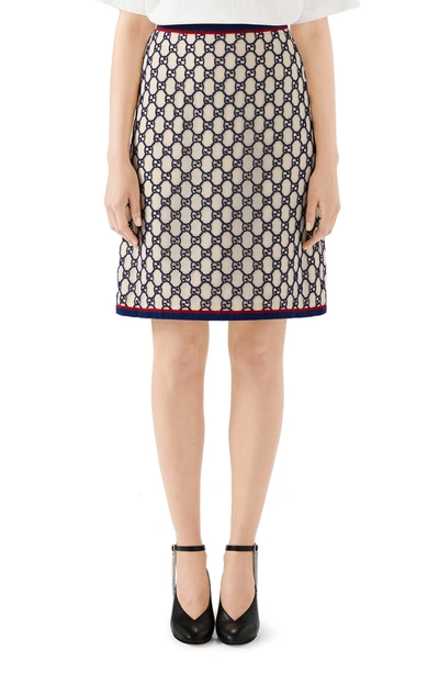 Gucci Gg Macrame A-line Skirt In Natural White/ Blue