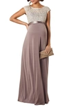 Tiffany Rose Maternity Mia Cap-sleeve Gown With Sequin Bodice & Full-length Skirt In Dusky Truffle