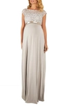 Tiffany Rose Maternity Mia Cap-sleeve Gown With Sequin Bodice & Full-length Skirt In Silver