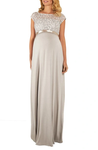 Tiffany Rose Maternity Mia Cap-sleeve Gown With Sequin Bodice & Full-length Skirt In Silver