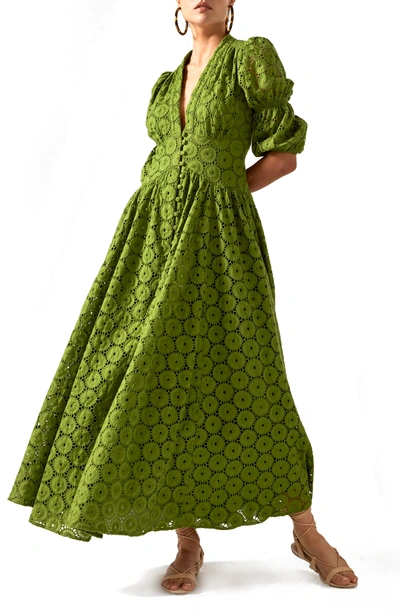 Cult Gaia Willow Puff-sleeve Eyelet-lace Maxi Dress In Green