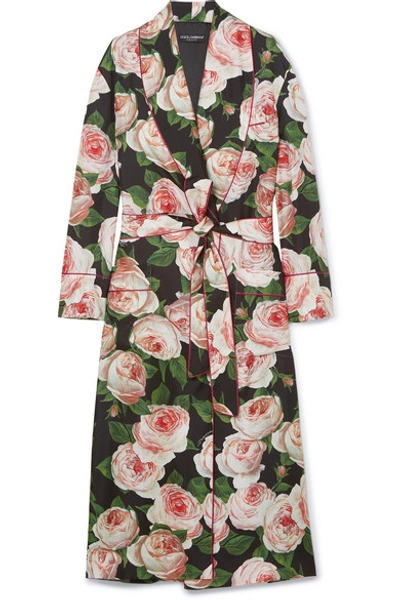 Dolce & Gabbana Floral-print Silk-charmeuse Dressing Gown In Black