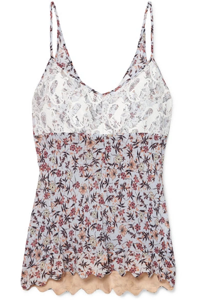 Chloé V-neck Lace-bodice Cami-strap Floral-print Viscose Top In Grey