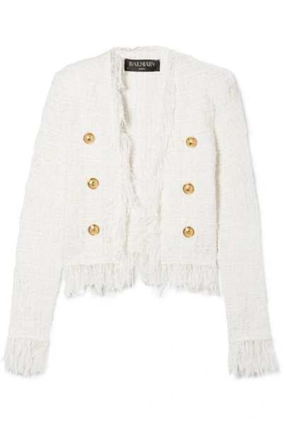 Balmain Tweed Shredded Hem Gold-tone Button Jacket In White