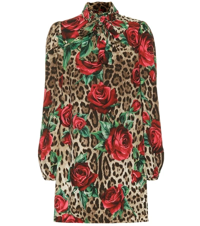 Dolce & Gabbana Silk Charmeuse Tie Neck A-line Dress In Brown