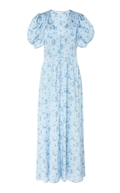 Loveshackfancy Stacy Floral-print Silk Dress In Blue