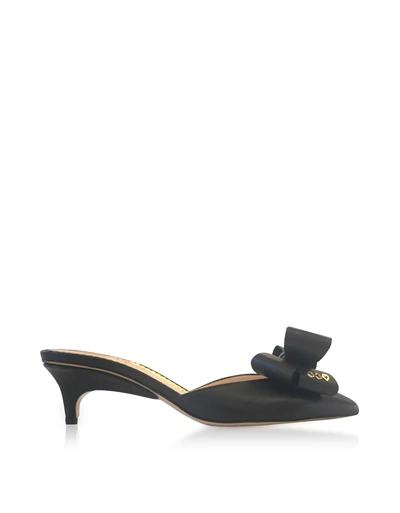 Charlotte Olympia Black Leather Kitten Heel Bow Mules