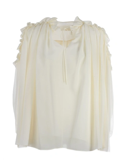 Chloé Ruffled Cut-out Shoulder Silk Blouse In Dusty White