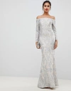 BARIANO EMBELLISHED PATTERNED SEQUIN OFF SHOULDER MAXI DRESS IN SILVER,B31D31