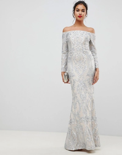 Bariano Embellished Patterned Sequin Off Shoulder Maxi Dress In Silver