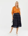 LIQUORISH PLEATED MID SKIRT IN CHECK PRINT WITH LACE TRIM-NAVY,18725-1610