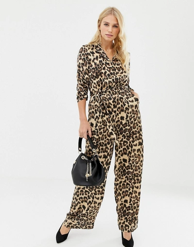 Liquorish Leopard Print Wide Leg Jumpsuit-brown