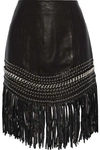 BALMAIN BALMAIN WOMAN FRINGED EMBELLISHED LEATHER MINI SKIRT BLACK,3074457345619943774