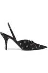 BALENCIAGA KNIFE LOGO-PRINT SATIN AND LEATHER SLINGBACK PUMPS