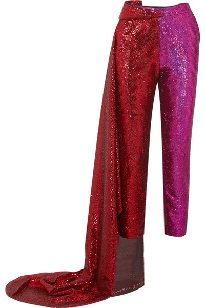 Halpern Draped Tulle-paneled Sequined Satin Straight-leg Trousers In Red