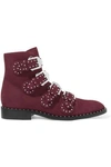 GIVENCHY GIVENCHY WOMAN BUCKLED STUDDED SUEDE ANKLE BOOTS BURGUNDY,3074457345619817227