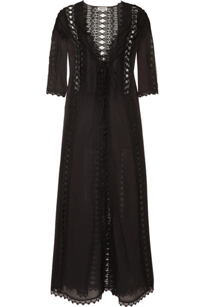 Charo Ruiz Ali Crocheted Lace-paneled Cotton-blend Voile Dressing Gown In Black