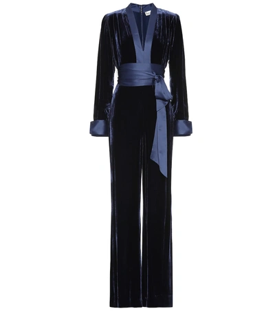 Diane Von Furstenberg Claude Satin-trimmed Velvet Jumpsuit In Navy