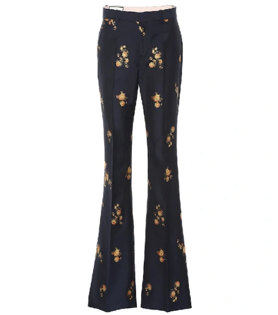 Gucci Camellia Fil Coupe Cotton & Wool Flare Pants In Dark Blue Cotton Wool