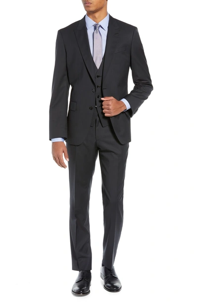 Hugo Boss Helward/genius Slim Fit Solid Three Piece Wool Suit In Black