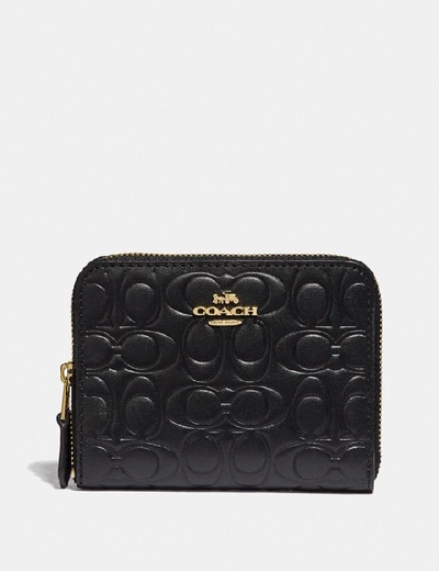 Coach Small Zip Around Wallet In Signature Leather In Black In Black/gold