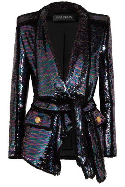 Balmain Woman Frayed Open-front Sequined Knitted Blazer Multicolor
