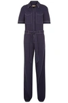 BURBERRY BURBERRY WOMAN BELTED COTTON AND LINEN-BLEND JUMPSUIT INDIGO,3074457345619801478