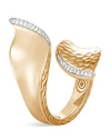 JOHN HARDY 18K YELLOW GOLD CLASSIC CHAIN HAMMERED WAVE BYPASS RING WITH PAVE DIAMOND,RGX900182DIX8