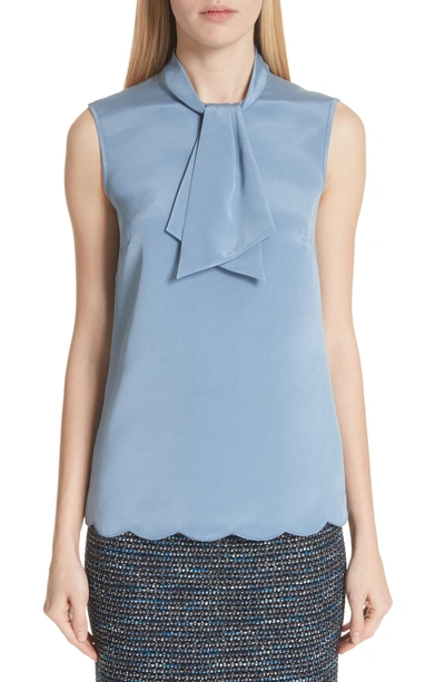 St John Tie Neck Stretch Silk Crepe De Chine Blouse In Light Chambray