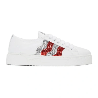 Miu Miu Glitter Stripe Sneakers In White,silver,red