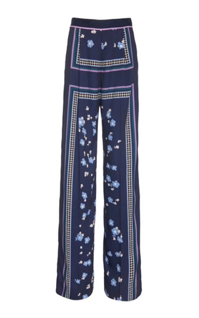 Lela Rose High-waist Floral Print Satin Trousers In Navy