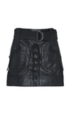 DUNDAS BELTED LACE-UP LEATHER MINI SKIRT,718553