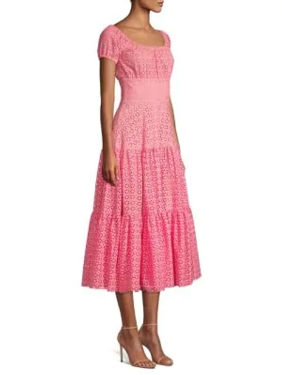 Michael Kors Tiered-cotton Eyelet Embroidered Cap-sleeve Dress In Flamingo