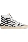 GOLDEN GOOSE FRANCY DISTRESSED PRINTED LEATHER AND SUEDE HIGH-TOP SNEAKERS
