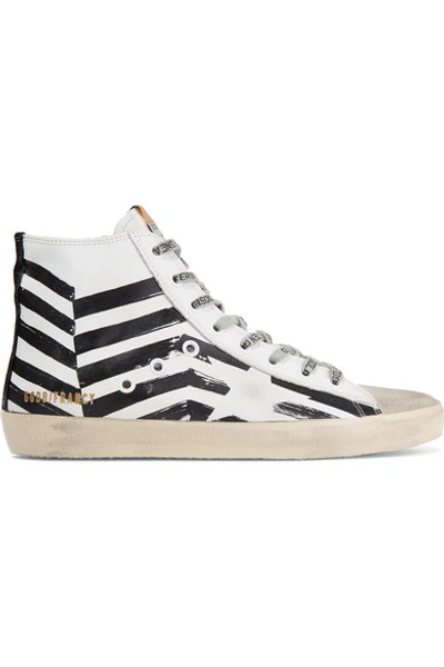 Golden Goose Francy Distressed Printed Leather And Suede High-top Sneakers In White