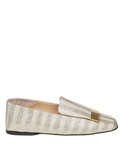 Sergio Rossi Slippers In Laminate Striped Fabric Platinum Color In Gold