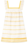 TORY BURCH RUFFLED EMBROIDERED LINEN AND COTTON-BLEND MINI DRESS