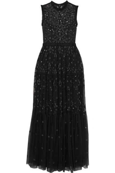 Needle & Thread Clover Sequin-embellished Embroidered Tulle Gown In Charcoal