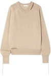 HELMUT LANG DISTRESSED CUTOUT COTTON, WOOL AND CASHMERE-BLEND SWEATER