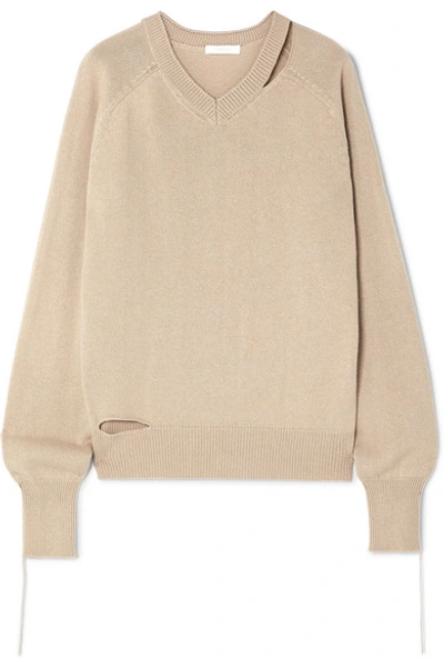 Helmut Lang Distressed Cutout Cotton, Wool And Cashmere-blend Jumper In Beige