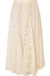 CHLOÉ LACE-PANELED SILK CREPE DE CHINE MIDI SKIRT