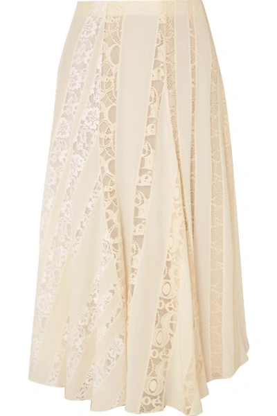 Chloé Lace-paneled Silk Crepe De Chine Midi Skirt In Ivory