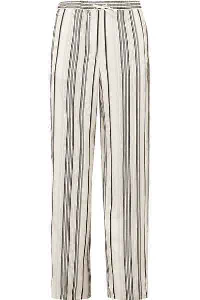 Jil Sander Embroidered Striped Grain De Poudre Silk Wide-leg Trousers In White