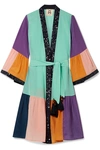 FIGUE NISHA SEQUIN-EMBELLISHED COLOR-BLOCK SILK CREPE DE CHINE KIMONO