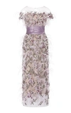 MARCHESA OSTRICH FEATHER AND CRYSTAL-EMBELLISHED TULLE MIDI DRESS,719157