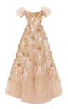 MARCHESA OFF SHOULDER OSTRICH FEATHER EMBROIDERED BALL GOWN,M26825